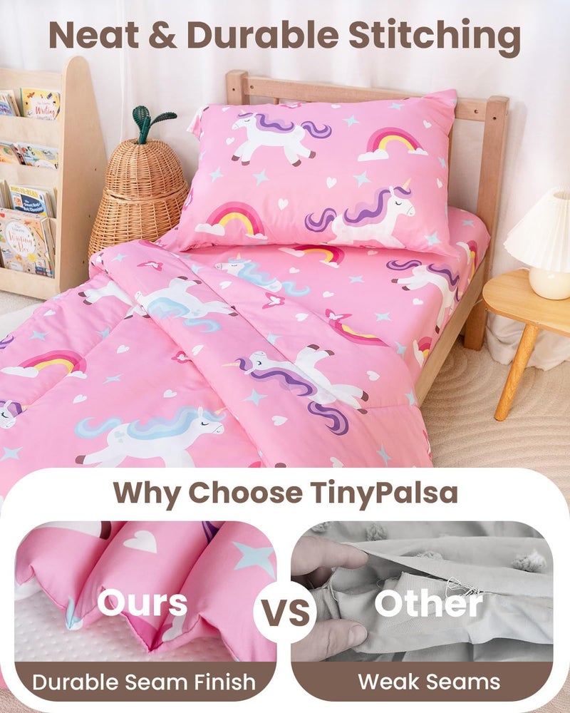 TinyPalsa Toddler Bedding Set, 4-Piece Pink Rainbow Pony Comforter Set for Girls and Boys, Breathable Crib Bedding Includes Ultra-Soft Quilt, Flat & Fitted Sheets, Pillowcase - Image 5